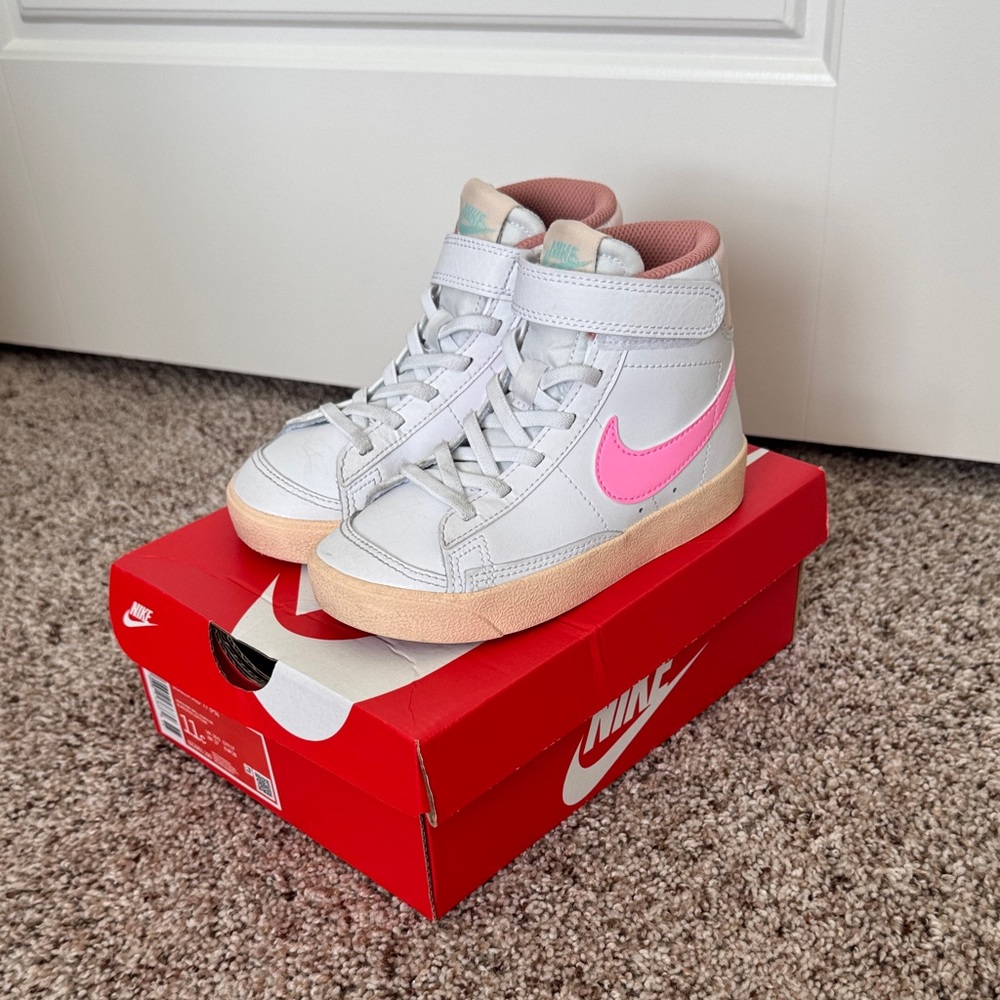 Nike Kids High-Top Sneakers in White with Pink Swoosh and Tan Sole